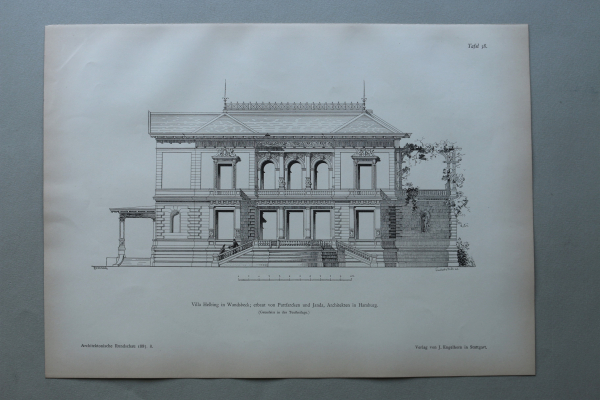 Holzstich Architektur Wandsbeck 1887 Villa Helbing